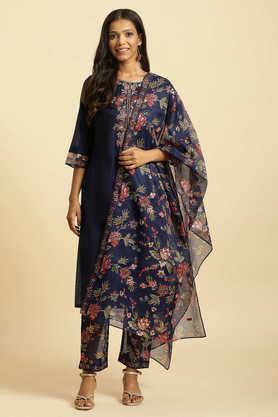 solid calf length blended fabric woven women's kurta set - blue