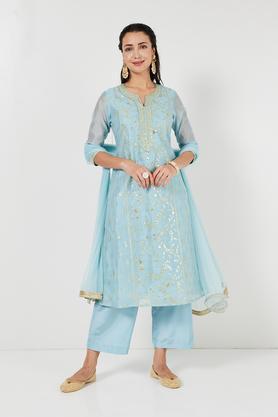 solid calf length chanderi woven women's a line kurta pant dupatta set - blue