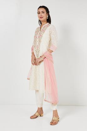 solid calf length chanderi woven women's a line kurta pant dupatta set - off white