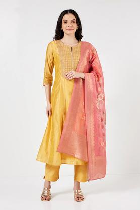 solid calf length chanderi woven women's flared kurta pant dupatta set - yellow