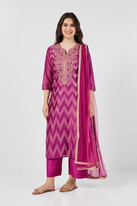 solid calf length chanderi woven women's straight kurta palazzo dupatta set - magenta