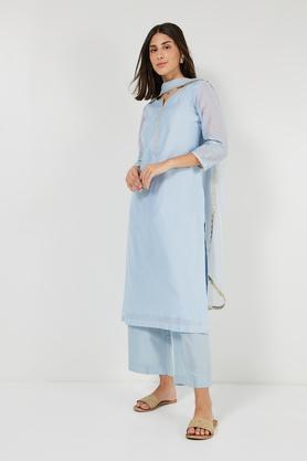 solid calf length chanderi woven women's straight kurta pant dupatta set - blue