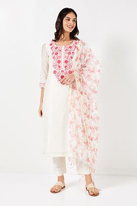 solid calf length chanderi woven women's straight kurta pant dupatta set - off white