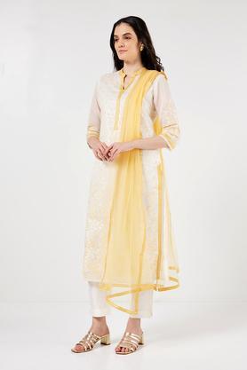 solid calf length chanderi woven women's straight kurta pant dupatta set - off white