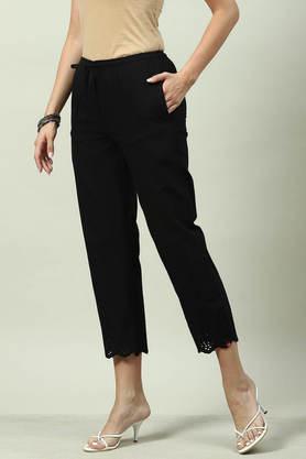 solid calf length cotton women's pant - black