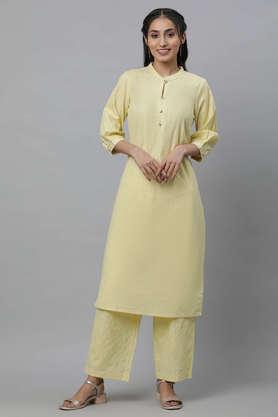 solid calf length cotton woven women's kurta palazzo set - yellow