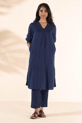 solid calf length cotton woven women's kurta set - dark blue