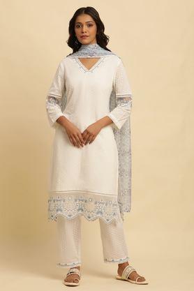 solid calf length cotton woven women's kurta set - white