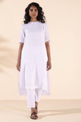 solid calf length cotton woven women's kurta set - white