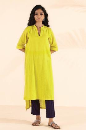 solid calf length cotton woven women's kurta set - yellow