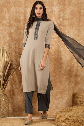 solid calf length crepe woven women's kurta set - natural