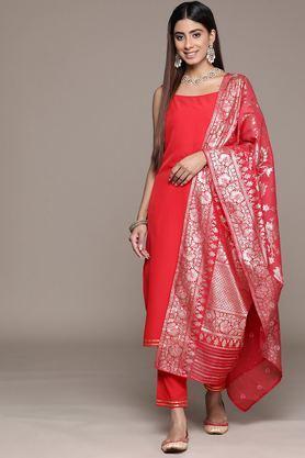 solid calf length crepe woven women's kurta set - red