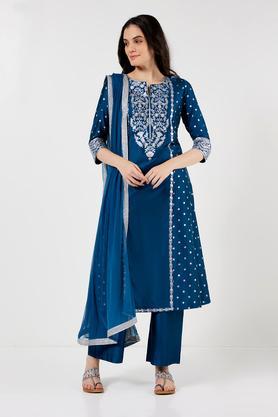 solid calf length polyester woven women's a line kurta palazzo dupatta set - navy