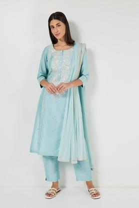 solid calf length polyester woven women's a line kurta pant dupatta set - blue