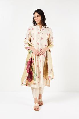 solid calf length polyester woven women's a line kurta pant dupatta set - natural