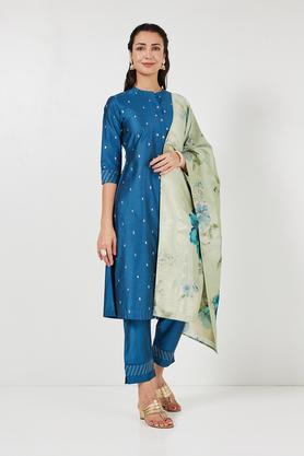 solid calf length polyester woven women's a line kurta pant dupatta set - navy