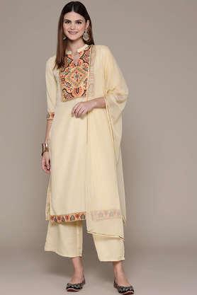 solid calf length polyester woven women's kurta and palazzo with dupatta set - cream