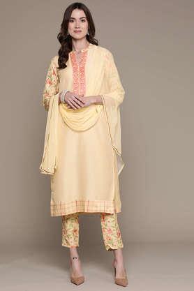 solid calf length polyester woven women's kurta and pant with dupatta set - cream
