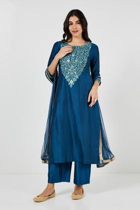 solid calf length polyester woven women's straight kurta palazzo dupatta set - navy