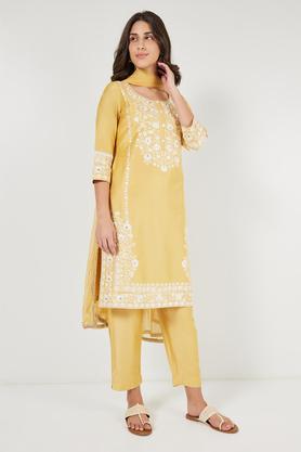 solid calf length polyester woven women's straight kurta palazzo dupatta set - yellow