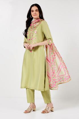 solid calf length polyester woven women's straight kurta pant dupatta set - lime green