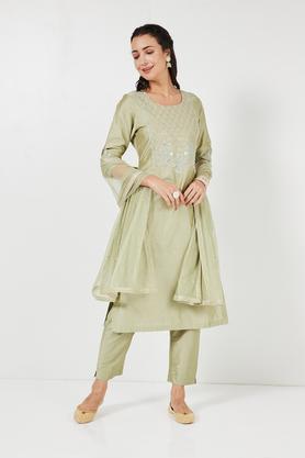 solid calf length polyester woven women's straight kurta pant dupatta set - lime green