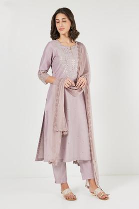 solid calf length polyester woven women's straight kurta pant dupatta set - mauve