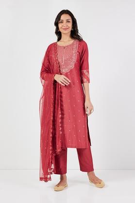 solid calf length polyester woven women's straight kurta pant dupatta set - rust