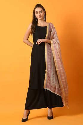 solid calf length rayon woven women's kurta set - black
