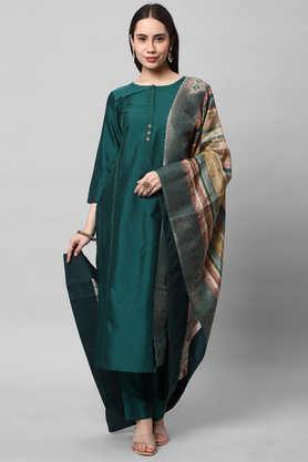 solid calf length silk woven women's kurta set - teal