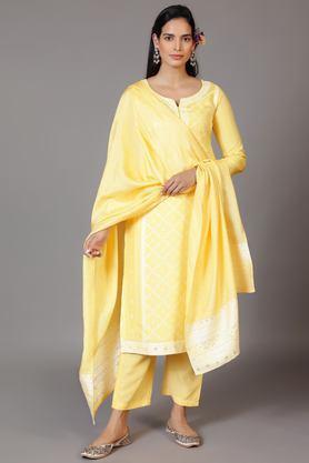 solid calf length silk woven women's kurta set - yellow