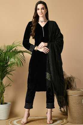 solid calf length velvet knitted women's kurta set - black