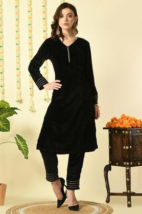solid calf length velvet knitted women's kurta set - black