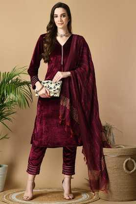 solid calf length velvet knitted women's kurta set - wine