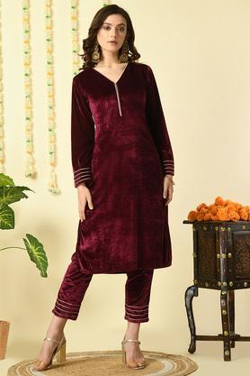 solid calf length velvet knitted women's kurta set - wine