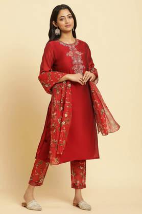 solid calf length viscose woven women's kurta set - red