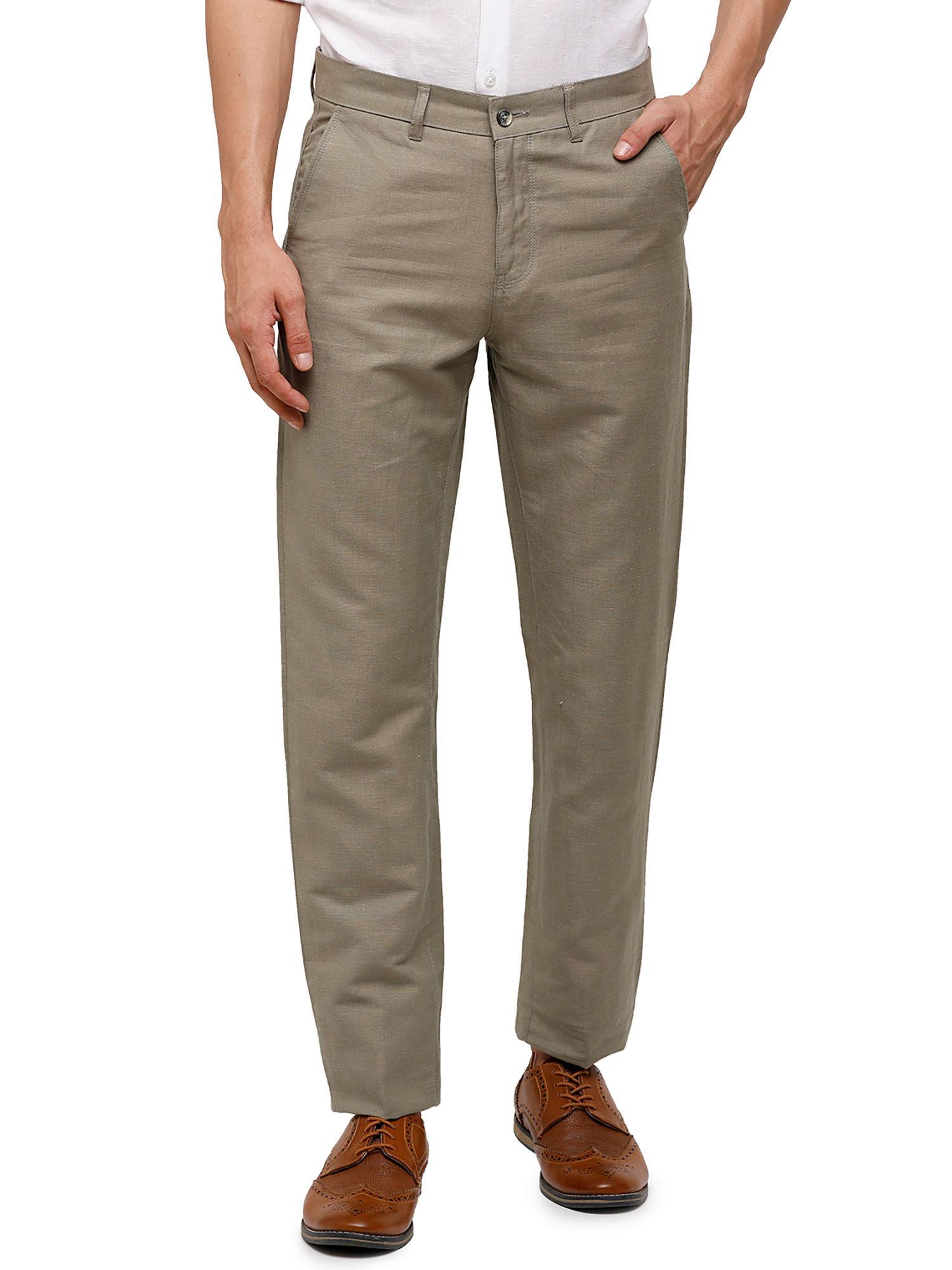 solid casual mid rise olive trouser for men