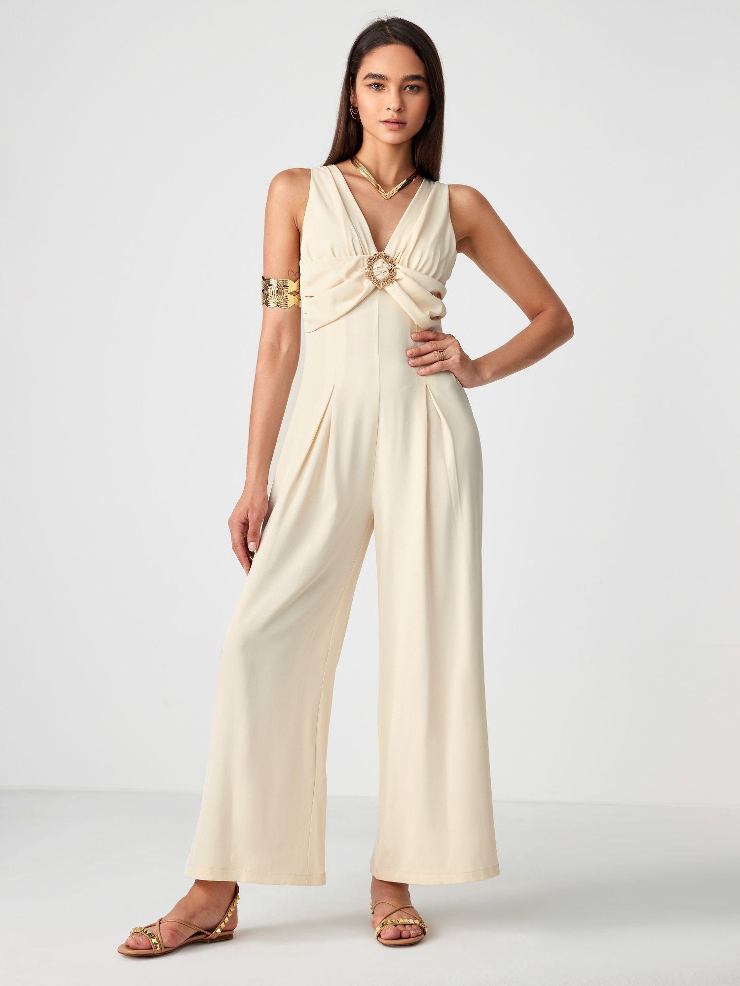 solid chiffon plunging neck pleated jumpsuit