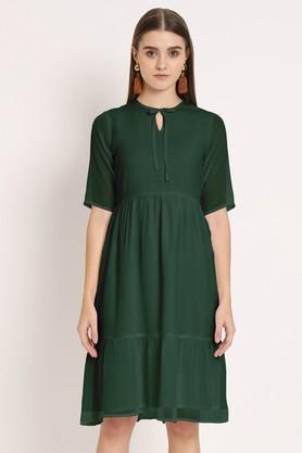 solid chiffon round neck women's knee length dress - dark green