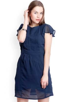 solid chiffon round neck women's knee length dress - navy