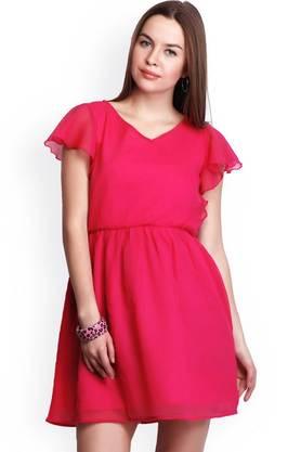 solid chiffon v-neck women's knee length dress - pink