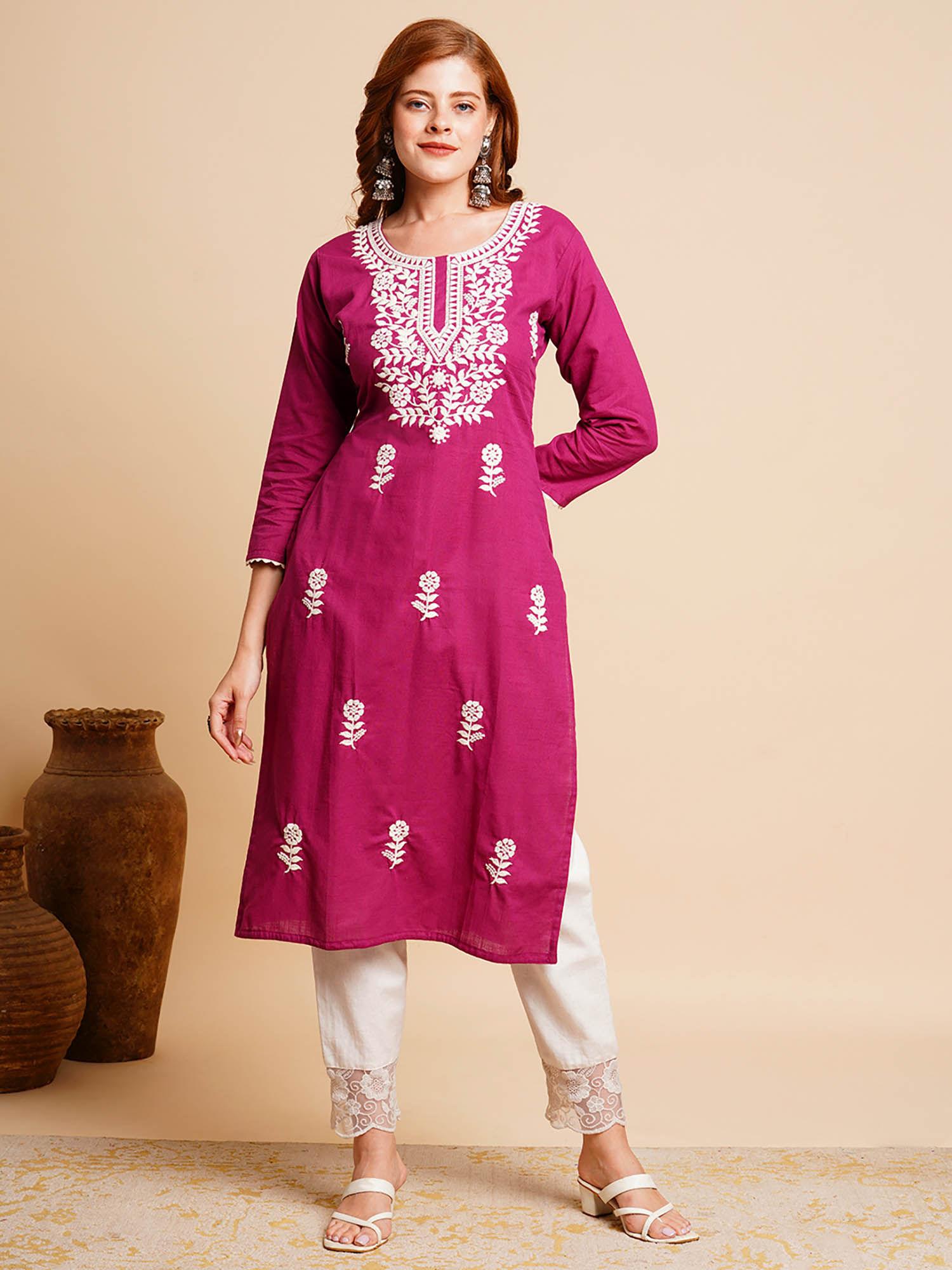 solid chikankari embroidered straight fit kurta - pink