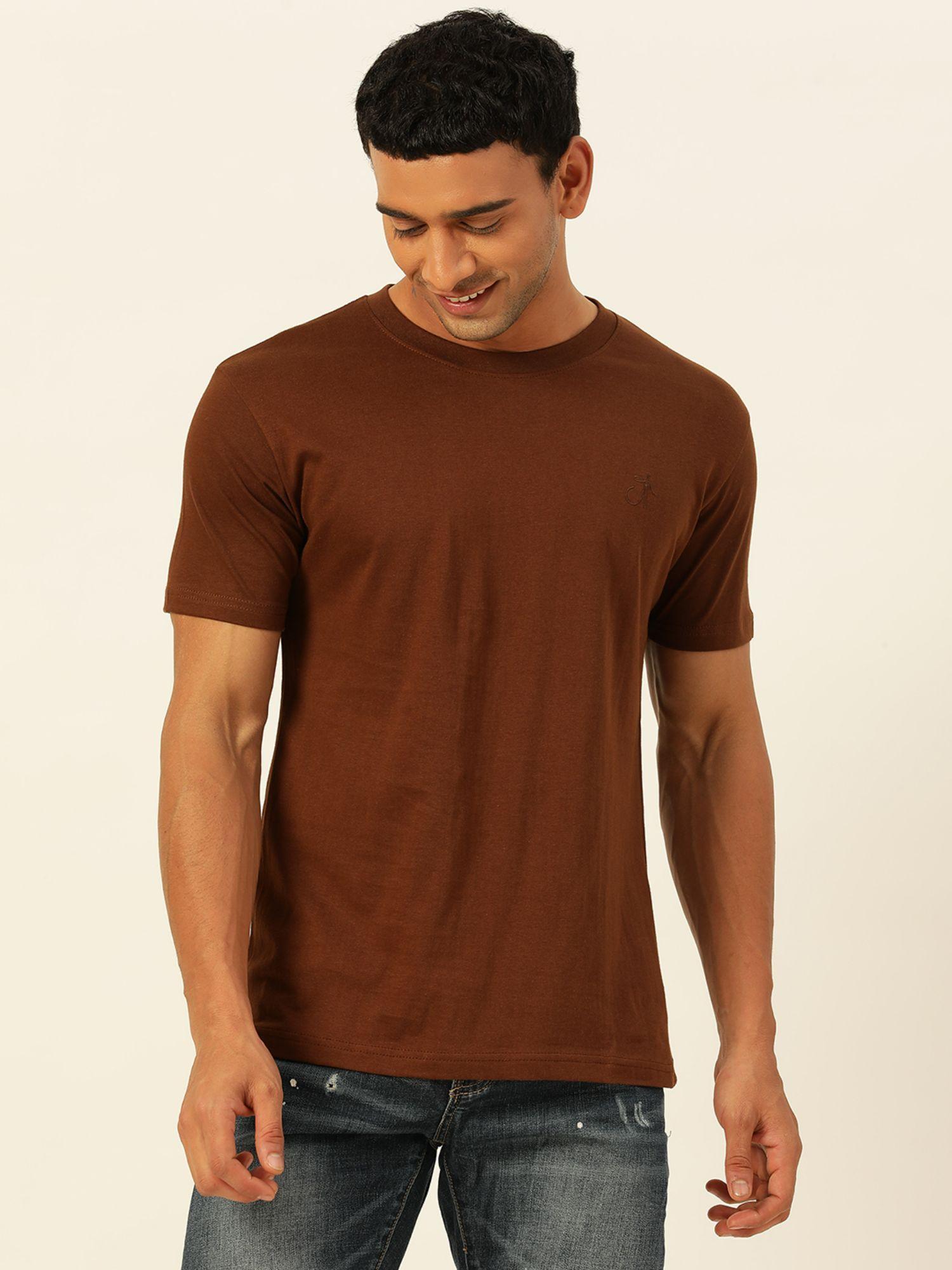 solid coffee brown round neck cotton relaxed fit t shirt