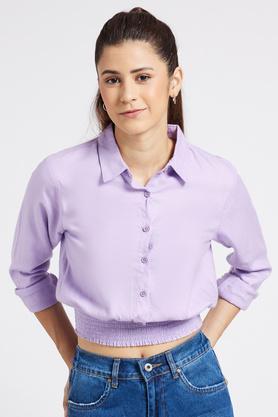 solid collar neck blended women's casual wear shirt - lilac