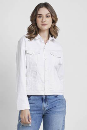 solid collar neck cotton women's casual wear jacket - white