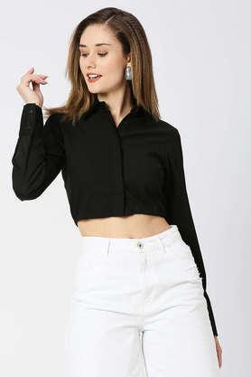 solid collar neck cotton women's casual wear shirt - black