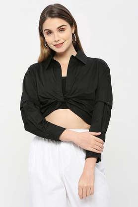 solid collar neck cotton women's casual wear shirt - black