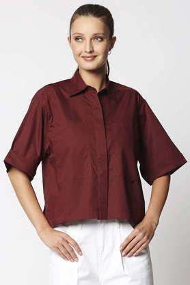 solid collar neck cotton women's casual wear shirt - maroon