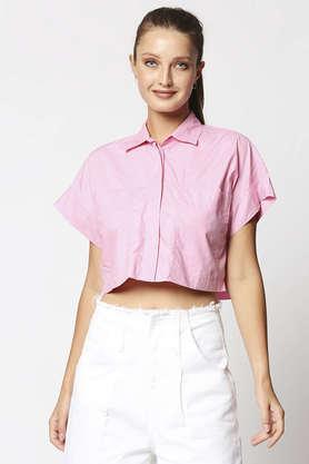 solid collar neck cotton women's casual wear shirt - pink