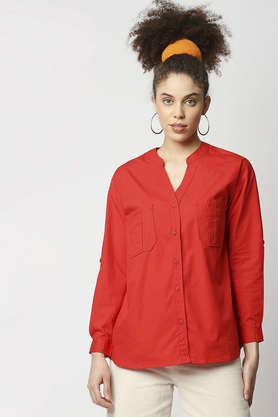 solid collar neck cotton women's casual wear shirt - red